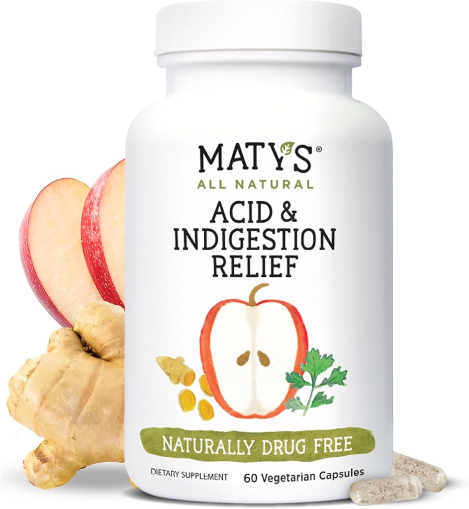 Matys Acid & Indigestion Relief Capsules, Occasional Acid Reflux & Heartburn için Güvenli Antacid Alternatif, Apple Cider Vinegar, Soy & Gluten Free Vegetarian Capsules, 60 Count, 30 Hizmetler