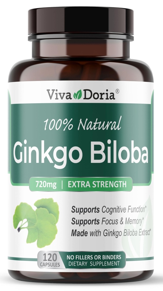Viva Doria Ginkgo Biloba 720mg, Supports Brain Function & Memory Support, 120 Vegetable Capsules