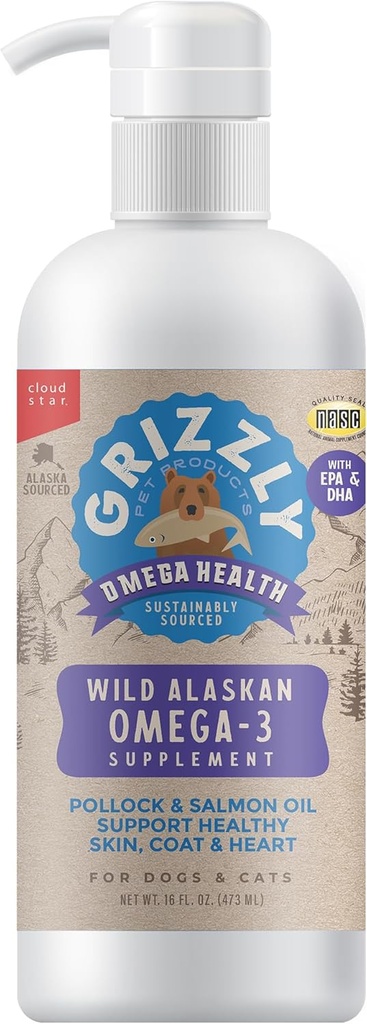 Grizzly Pet Products Omega Health Liquid Omega-3 Supplement for Dogs and Cats, 16 Ounce Şişe