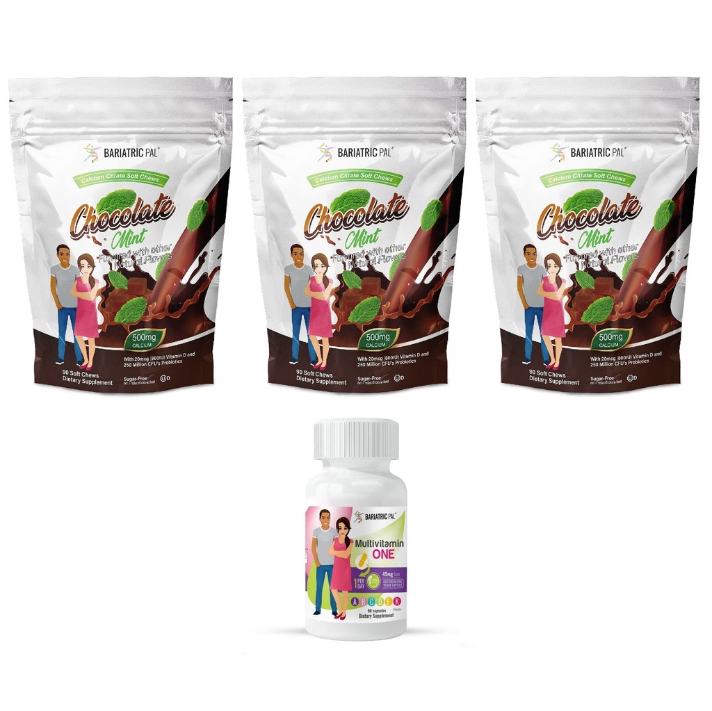 BariatrikPal 90 günlük Bariatrik Vitamini (Günde BİR 1 Vitamini) 45 mg Demir ve Kalsiyum Citrate Soft Chews 500 mg Probiyotiks - Chocolate Mint) ile Capsule