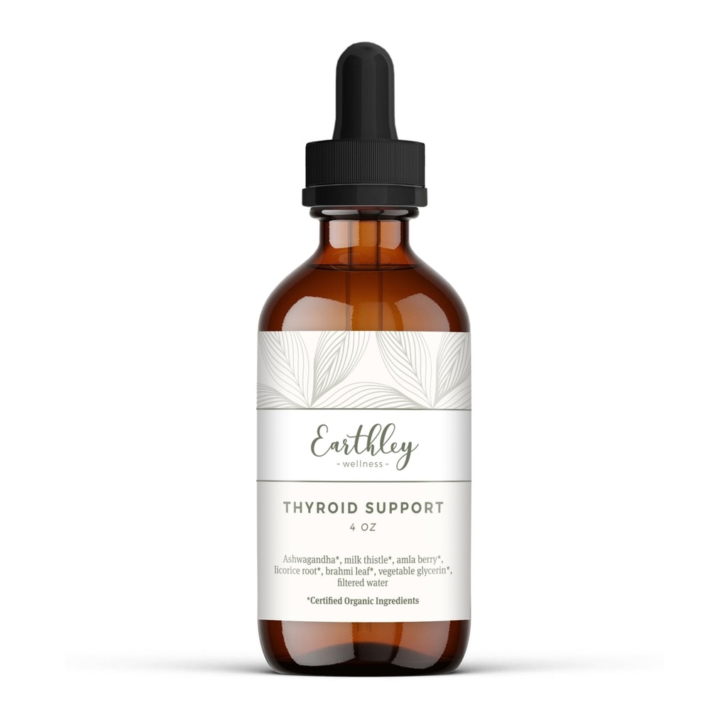 Earthley Wellness Thyroid Support Tincture, Organic Herbal Supplement for Thyroid Health, Hormonal Balance & Immune Support, Ashwagandha, Milk Thistle, Amla Berry, Licorice & Brahmi (4oz, 240+ doses)