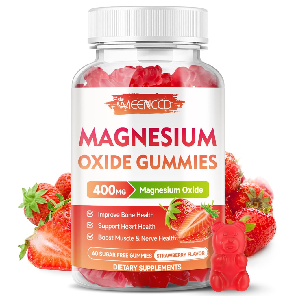 Magnezyum Oksit Gummies 400 mg, Yetişkinler ve Çocuklar için Chewable Hoffman Magnezyum Supplement, Nerve & Muscle Support, Non-GMO, Sugar-Free, Strawberry Flavor, 60 Count
