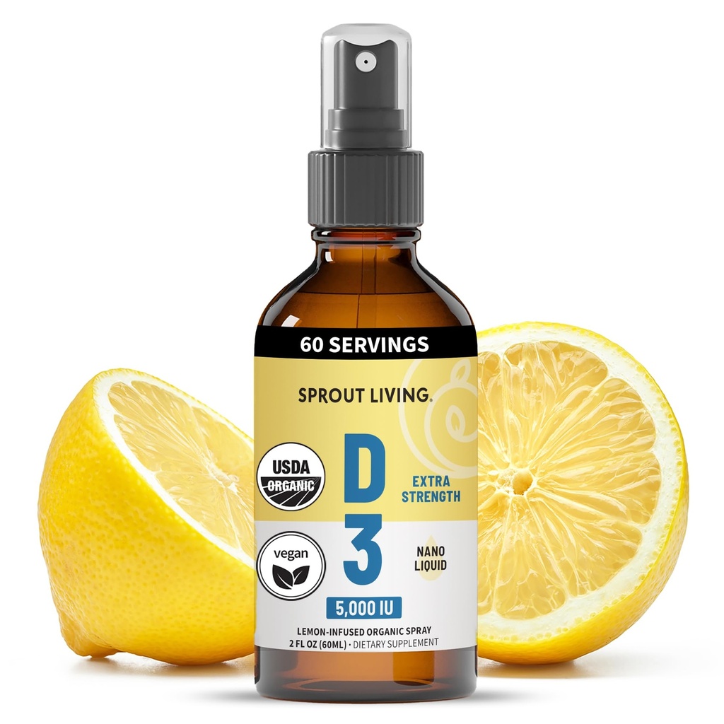 Sprout Living Organic Vitamin D3 5000 IU (Lichen) Sprey for Immune Support & Bone Health | Trace Minerals with Real Lemon & Citrus Extract, Sugar Free (2 FL OZ, 60 Hizmet)