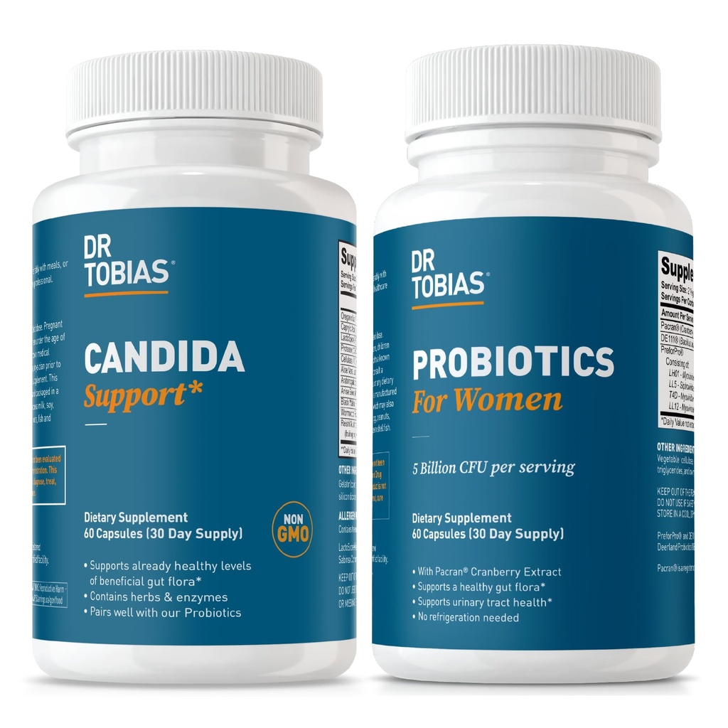 Dr. Tobias Candida Support & Probiotics for Women – Gut Cleanse Detox with Oregano + Cranberry Extract & Prebiotics for Vaginal, Urinary & Digestive Support