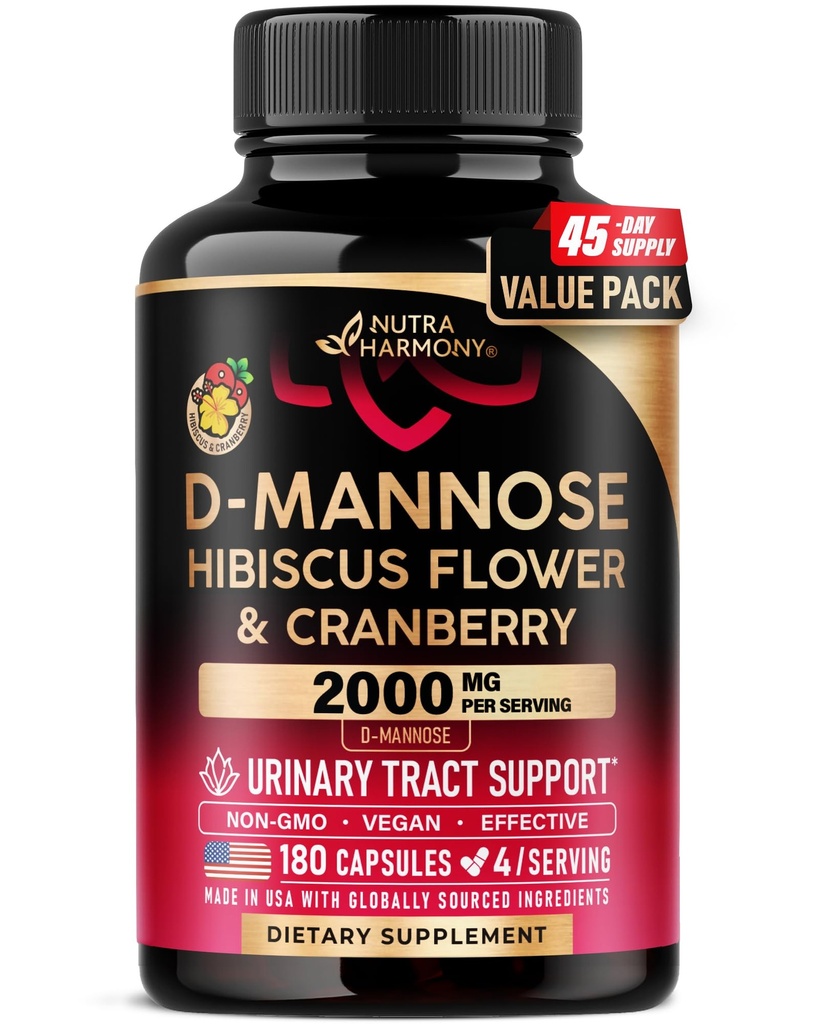 NUTRAHARMONY D-Mannose 2000mg with Cranberry & Hibiscus - Clinically Tested Strength for Urinary Tract Health - Supplement for Women - Bladder, Liver & Microflora Support - Vegan, 180 Capsules