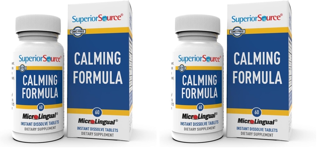 Superior Source Calming Formula, L-Theanine, Melatonin, Under The Tongue Quick Dissolve MicroLingual Tablets, 60 Ct, 5-HTP for Enhanced Serotonin Conversion, Sleep Support, Non-GMO (Pack of 2)