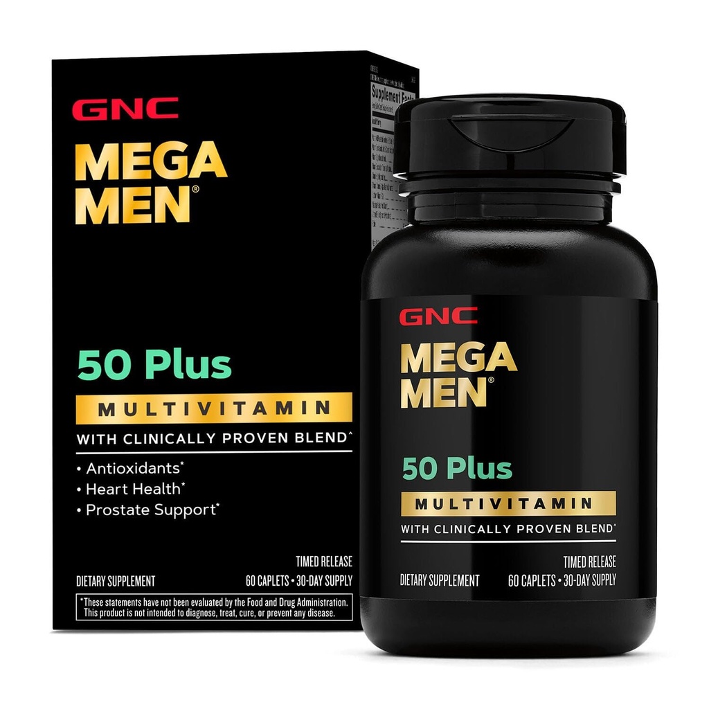 GNC Mega Erkekler 50 Plus Multivitamin Caplets, Klinik olarak Proven, Heart & Prostate Health, B Vitamins, Saw Palmetto, Memory, Vitamin D-3, 60