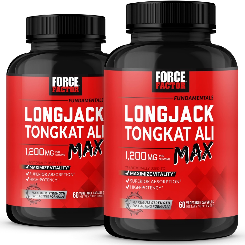 Force Factor Longjack Tongkat Ali Max, Tongkat Ali for Men, Male Stamina and Vitality Supplement Made with Key Natural Ingredients for Superior Absorption, 1200mg, 120 Capsules, 2-Pack