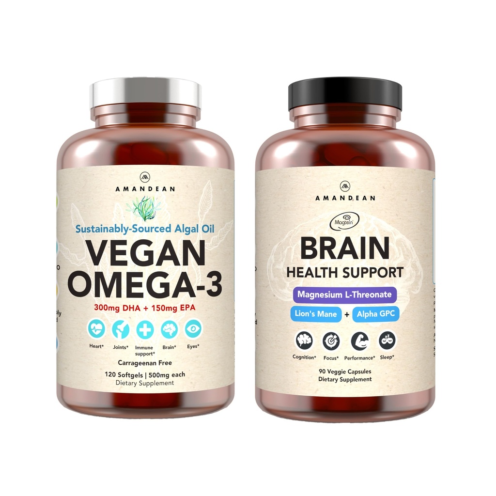 AMANDEAN Brain & Vegan Omega-3 Sche: Th Magnezyumonate, USA-Grown Lion's Mane 6:1, Alpha-GPC & Algae DHA/EPA. Plant-Based Essential fats for Brain, Eye, Heart & Skin Health. Fish Oil Alternative.
