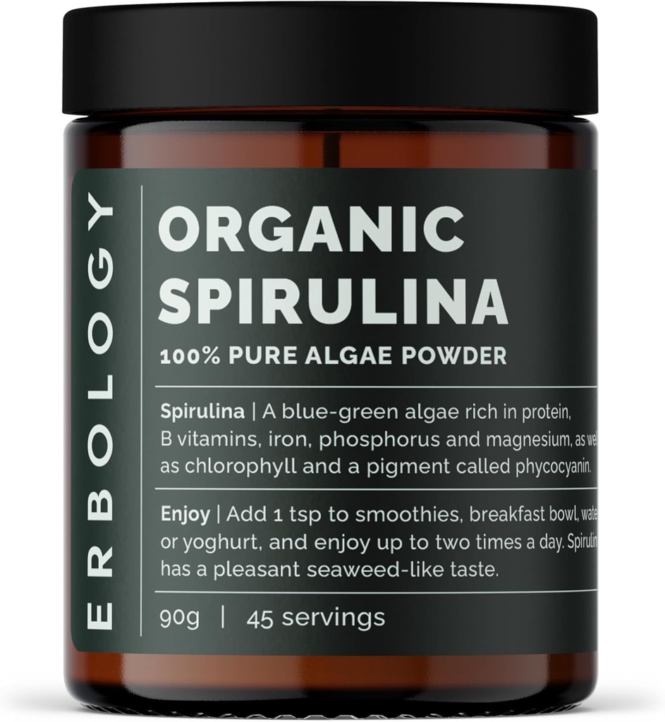 Erboloji Organik Spirulina Toz 3.2 oz - 45 Hizmet - Portekiz'de Sustainable Kaynaklandı - Enerji ve Immunity Support - Chlorophyll, B Vitamins, Iron ve Phosphorus - Vegan - GMO-Free