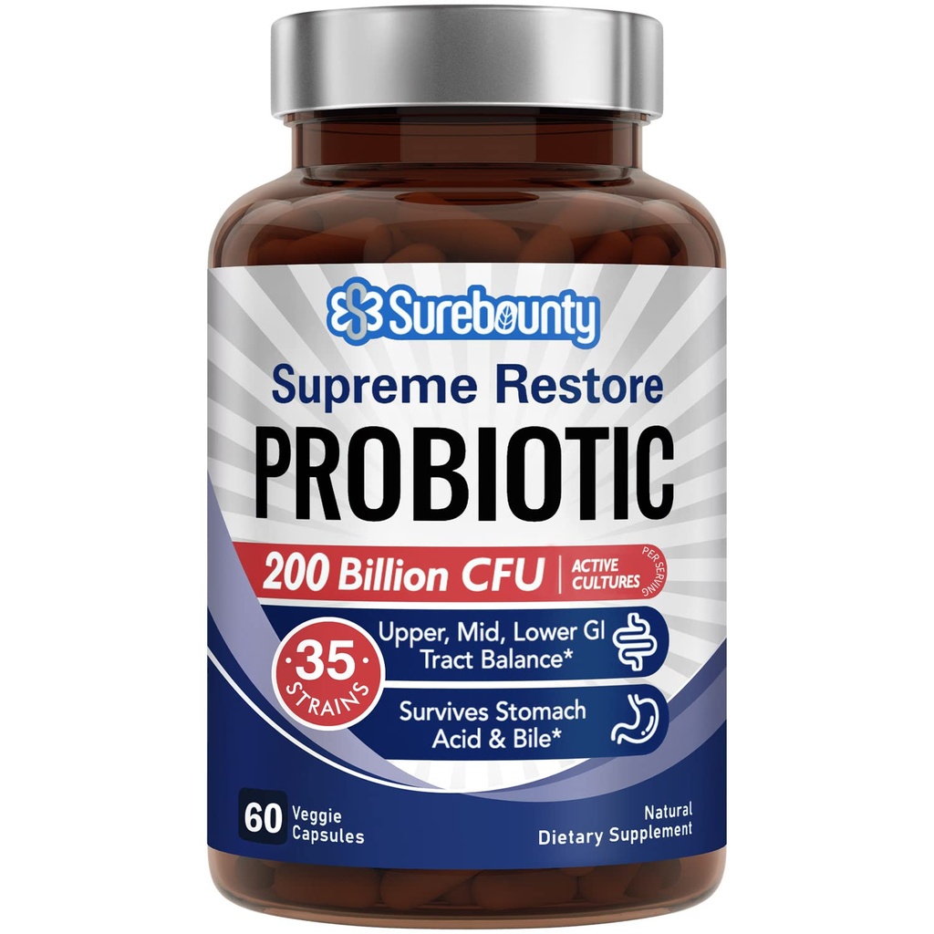 Erkekler ve Kadınlar için Probiyotik, 200 Milyar CFU 35 Strains, Prebiyotiks + Digestive Enzymes, Supreme Restore Probiyotik Supplement, Upper, Mid, Lower GI Tract Balance, 60 Veggie Capsules, 1 Ay