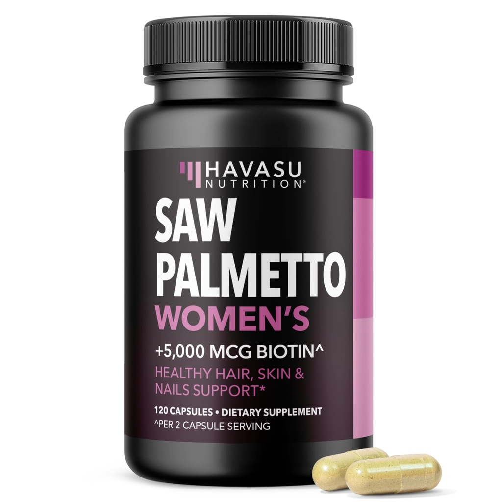Saw Palmetto for Women with Biotin 5000mcg - Powerful DHT Blocker to Support Hair, Skin, and Nail Health - 120 Count - Vegan, Non-GMO Vitamin for Stronger, Fuller Looking Locks - 2 Month Supply