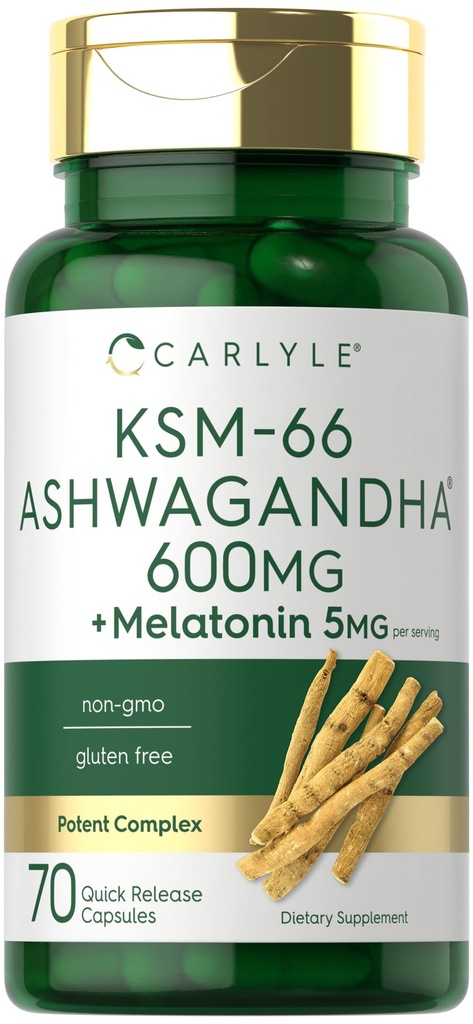 Carlyle KSM-66 Ashwagandha Capsules 600 mg | 70 Kont | Melatonin 5 mg | Potent Kompleks | Non-GMO, Gluten Free