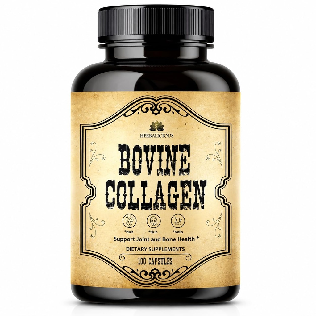 HERBALICI Bovine Collagen Supplements for Men and Women | Hydrolyzed Grass-Fed Bovine Collagen Peptides | Ortak, Nerve & Bone Support | Non-GMO, Anti-Aging | 100 Capsules