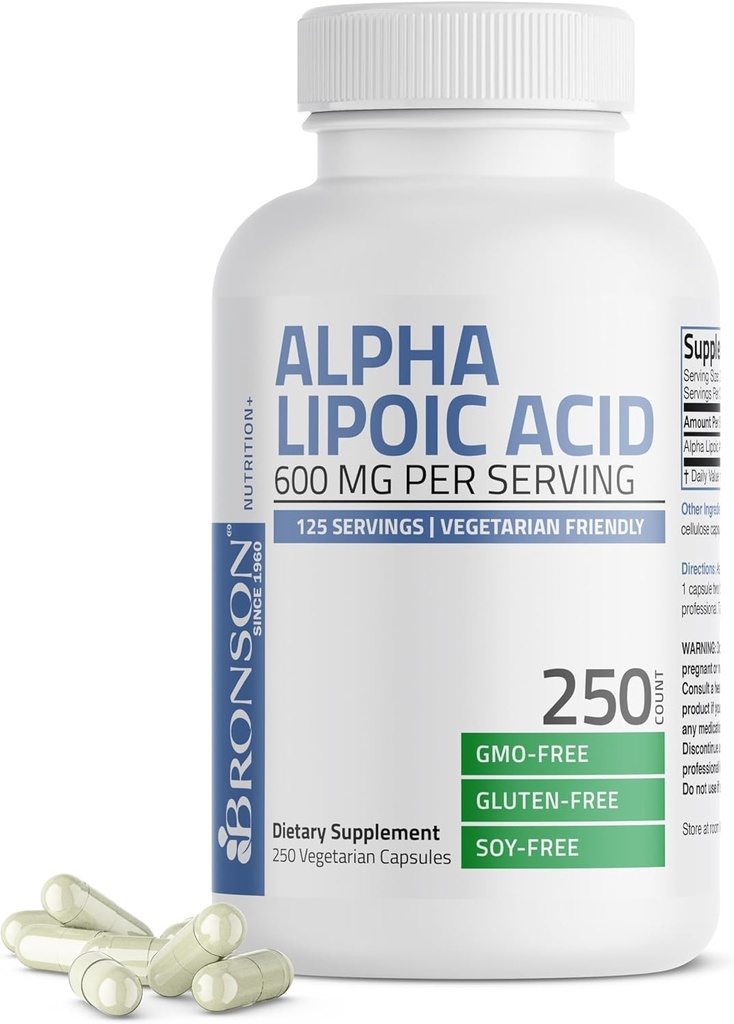 Bronson Alpha Lipoic Acid 600 mg Free Radikal Scavenger Supports Health - Non-GMO, 250 Vegetarian Capsules (125 hizmet)