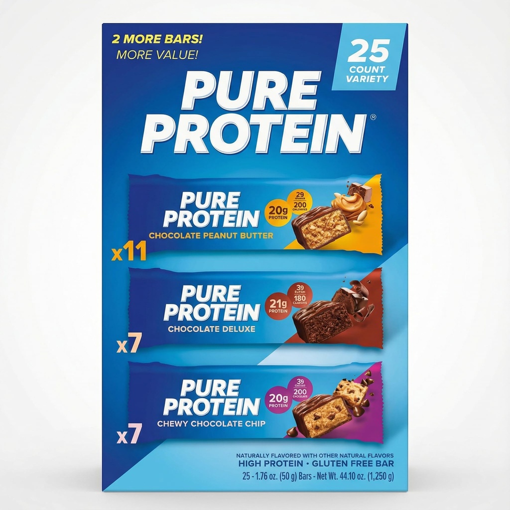 Pure Proteins Bars, Nutrient Rich Snacks with High Protein for Energy Support, Minimal Sugar, Gluten-Free, Variety Pack (In NEYUM Packaging) (25 Pack)