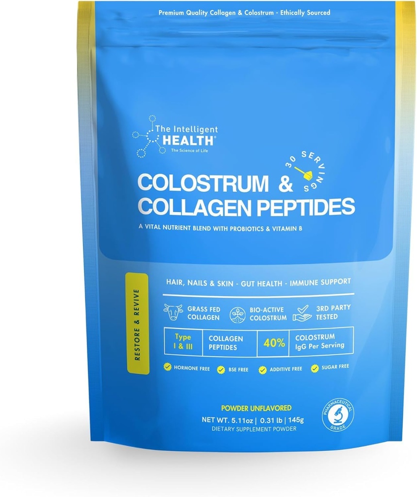 Grass-Fed Colostrum & Collagen Peptides with Probiotics + Vitamin B12 – 800mg IgG for Immune, Gut & Beauty Support – Ethically Sourced, Non-GMO, Hormone-Free, Filler-Free, 30 Servings, 5.11 oz