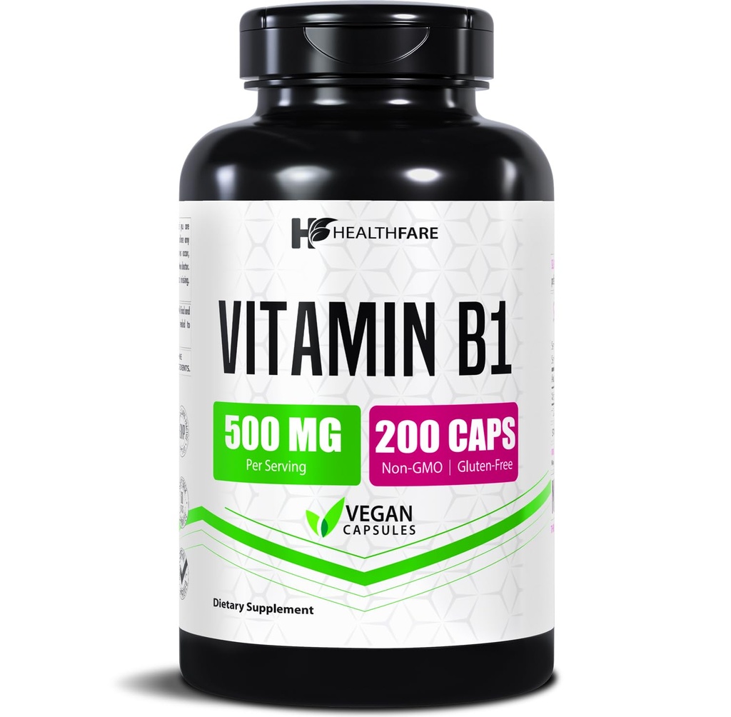 Healthfare Vitamin B1 (Thimin) 500 mg | 200 Vegan Capsules | Ekstra Güçlü Yüksek Potency Supplement | Destekler Enerji & Nervous System | Non-GMO, Gluten-Free | Made in USA