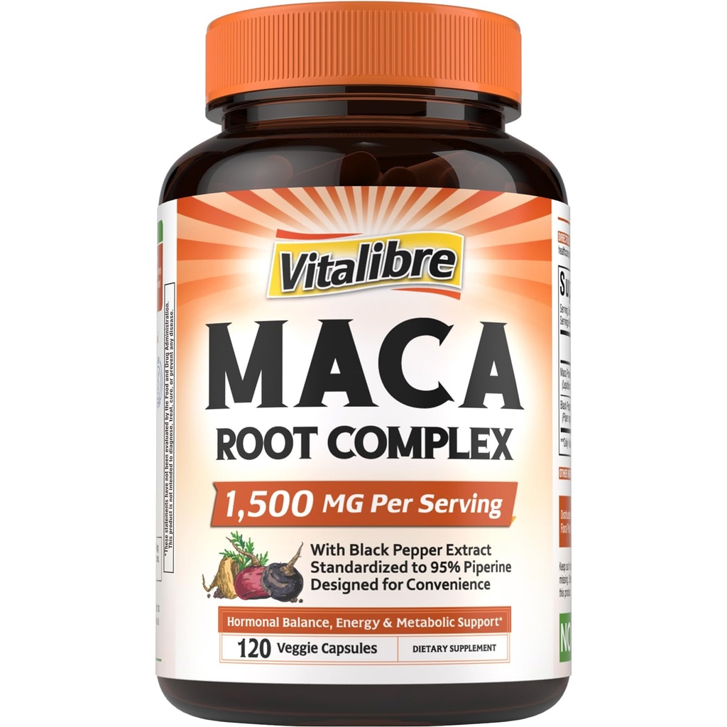 Vitalibre Maca Root Capsules for Women & Men, 1500 mg Maca Root Per Serving, with Black Pepper for Max Absorption, 95% Piperine, Vitality, Mood, Metabolic Support, 120 Capsules