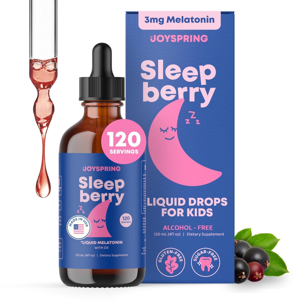 JoySpring SleepBerry - Çocuklar Melatonin Liquid - 3MG Melatonin ile D3 ve Elderberry - Çocuklar ve Gençler için Sugar-Free Liquid - Insanlar için Romantik Uyku Desteği Formula (4 fl oz)