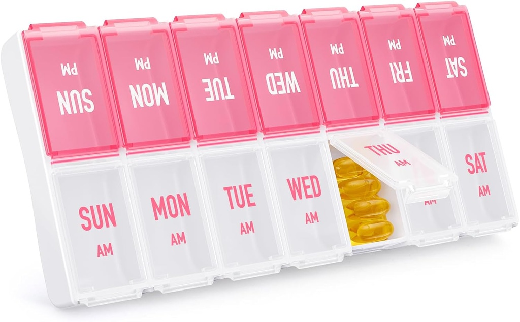 Haftalık Pill Organizer 2 Times a Day, Şık Pill Box 7 Günlük AM PM with Large Karşılaştırmalar, Pill Case Easy to Use, BPA-Free Pill Konteyner for Vitamins, Fish Oils, Supplements, Medicines, Pink Oils, Supplements, Medicines, Pink Oils, Supplements, Medicines, Pink Oils