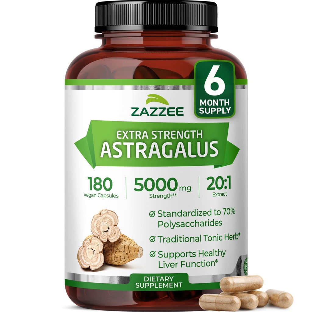 Zazzee Ekstra Güçlü Astragalus Root 20:1 Ekstraksiyon, 5000 mg Güçlü,% 70 Polysaccharides, 180 Vegan Capsules, 6 Ay Supply, 100% Vegetarian, Standardized and Tempd 20X Extract, Non-GMO