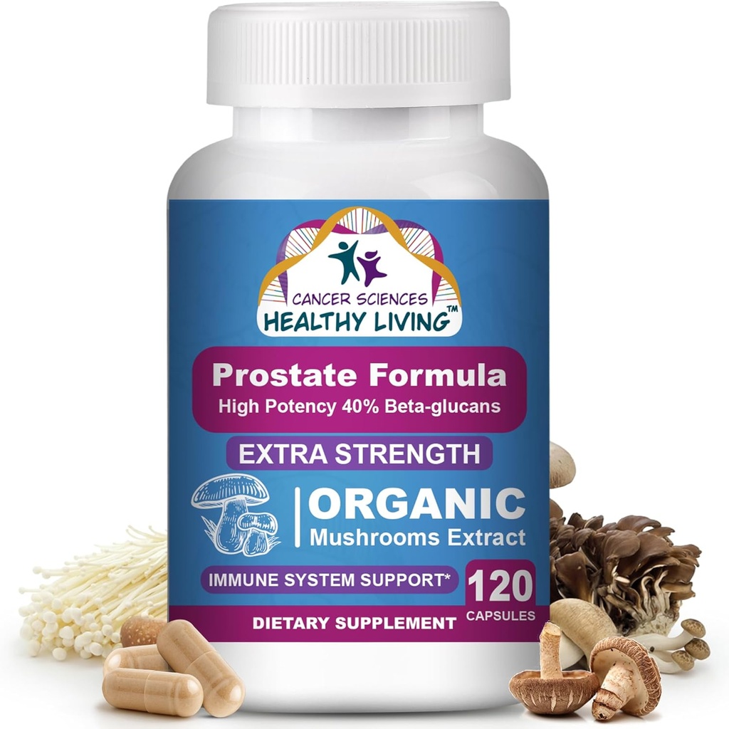 Kanser Bilimleri Prostate Wellness Supplements for Men, USDA sertifikalı Organik Mushrooms Ekstra Güçlü 1.500 mg, Yüksek Potency% 40 Beta-Glucans, Immune, Anti-Aging, Antioksis, 120 Capsules