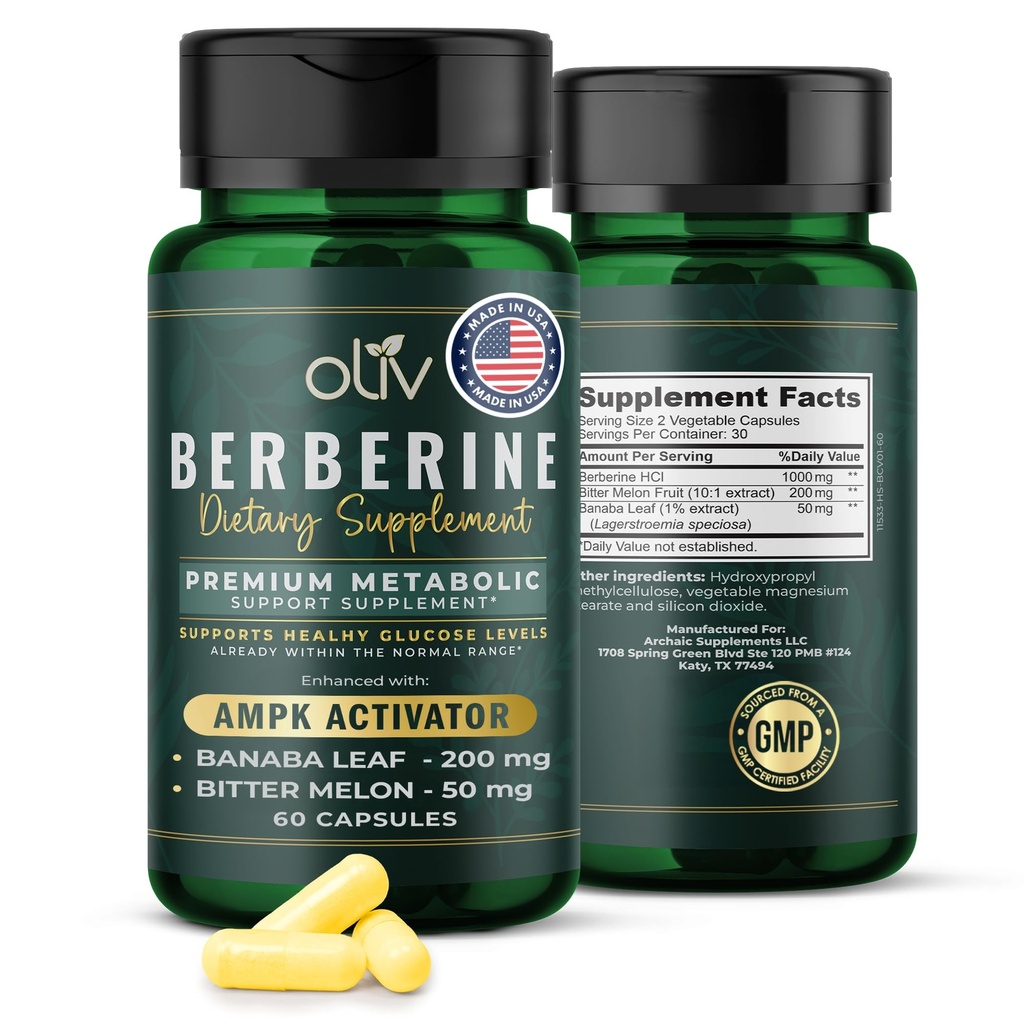 oliv Pure Berberine Supplement Capsules - Berberine HCI 1000 mg - Doğal Metabolik 200 mg Bitter Melon Meyvesi ve 50 mg Banaba Leaf - 2 Veggie Capsules Daily (30 Hizmet)