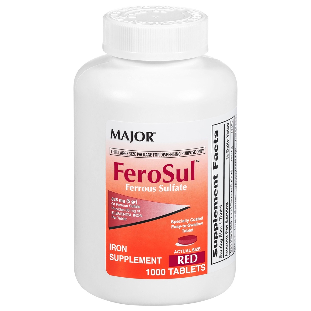 Binbaşı FeroSul - Ferrous Sulfate 325 mg Tabletler - Kadınlar ve Erkekler için Demir Supplement - Özel olarak Easy-to-Sw Tabletleri - Red - 1000