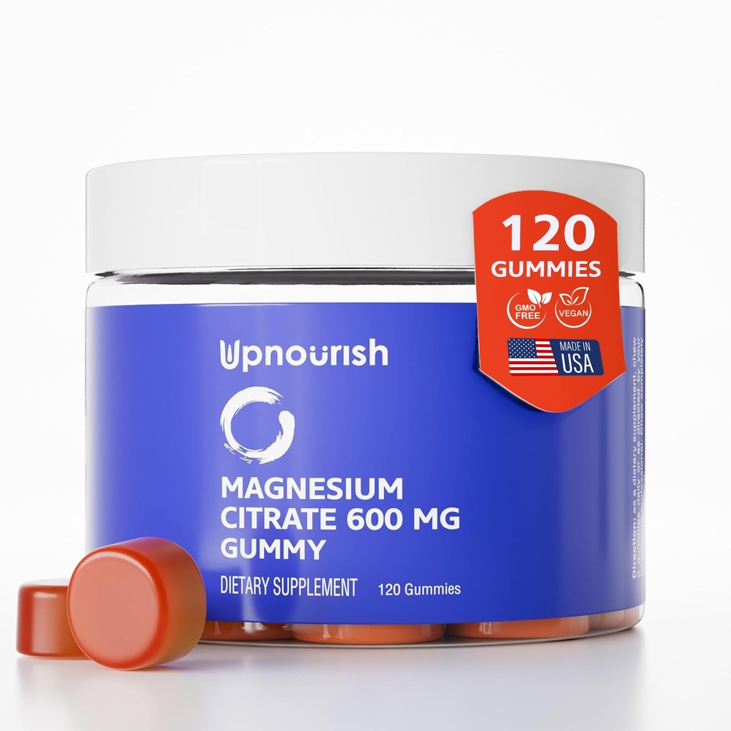 UpNourish Magnesium Gummies for Adults & Kids Magnesium Citrate Gummies 600mg, Calm Supplement for Muscle Relaxation, Bone and Digestive Health, Citrato de Magnesio, Vegan, Non-GMO, 120 Count
