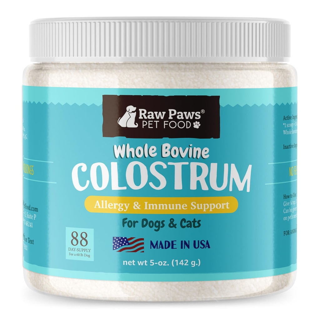 Raw Paws Pet Bovine Colostrum for Dogs Allergies & Immune Support (5-Ounce) - Made in USA - Colostrum for Cats - Senior Dog Supplements - Itchy Skin Treatment - All Ages, Sizes & Breeds
