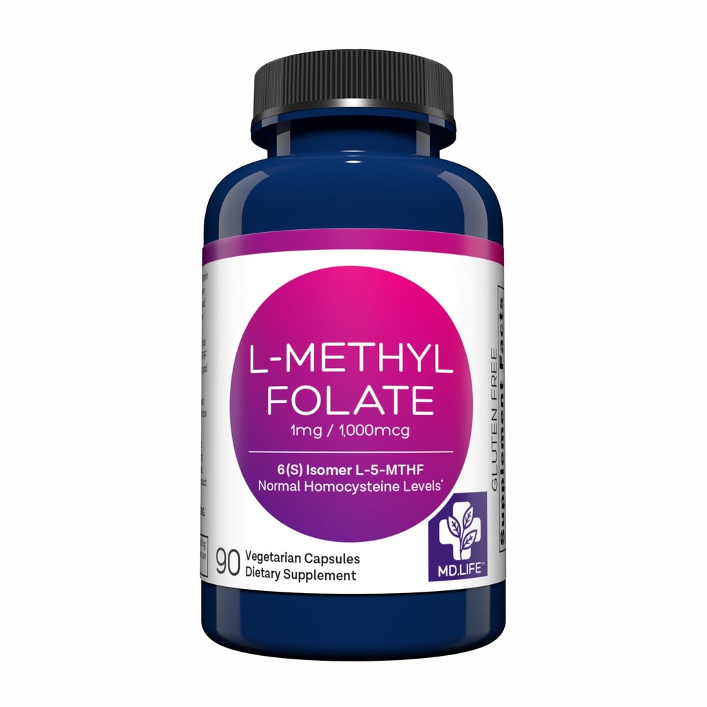 MD Life L-Methylfolate 1 mg Supplement - Profesyonel-Grade Active L Torchfolate Supplement - 90 Capsules - L-Methylfolate 1 mg - maksimum Potency MTHFR W / Essentials