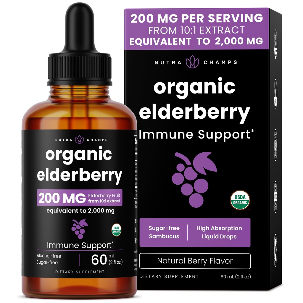 NutraChamps Black Elderberry Syrup, Potent 2000 mg 10:1 Numune Sambucus Elderberry Syrup Antioksi, Drops Berry Flavor, Liquid Elderberry Extract Sugar-Free 2oz, Immune Support