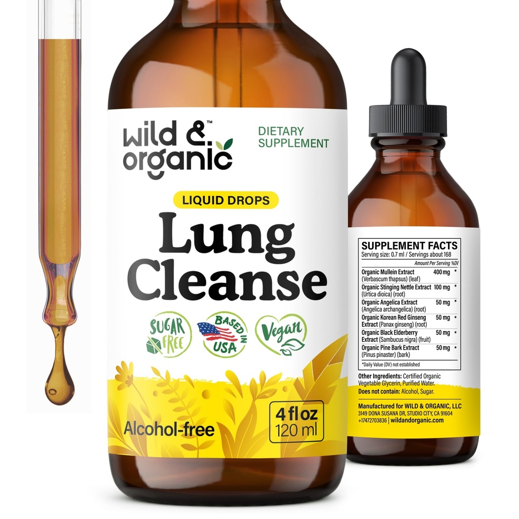 Wild & Organic Lung Cleanse Detox Tincture - Mullein Drops for Lungs - Herbal Mullein Ekstraksiyonu - Vegan, Alkol Ücretsiz Drops - 4 fl ozz