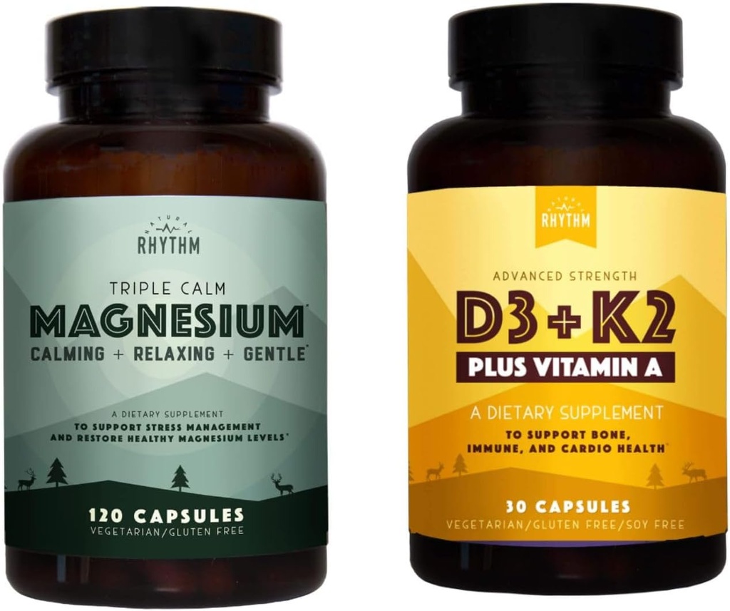 Doğal Rhythm Triple Calm 150 mg - 120 Capsules - Magnezyum Kompleksi Tamam W / Doğal Rhythm Vitamin D3 + K2 (MK7) Plus A, Bone, Heart, & Immune Health için, 30 Capsules