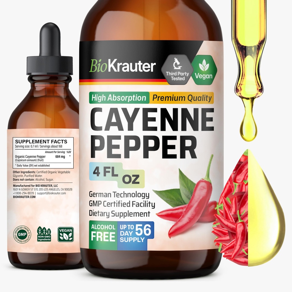 BIO KRAUTER® Cayenne Pepper for Circulatory & Digestive Support - Pure Vegan Capsaicin Supplements - 4 Fl.Oz Cayenne Pepper Drops - Natural Capsaicin, Alcohol & Sugar Free, 56 Days of Supply