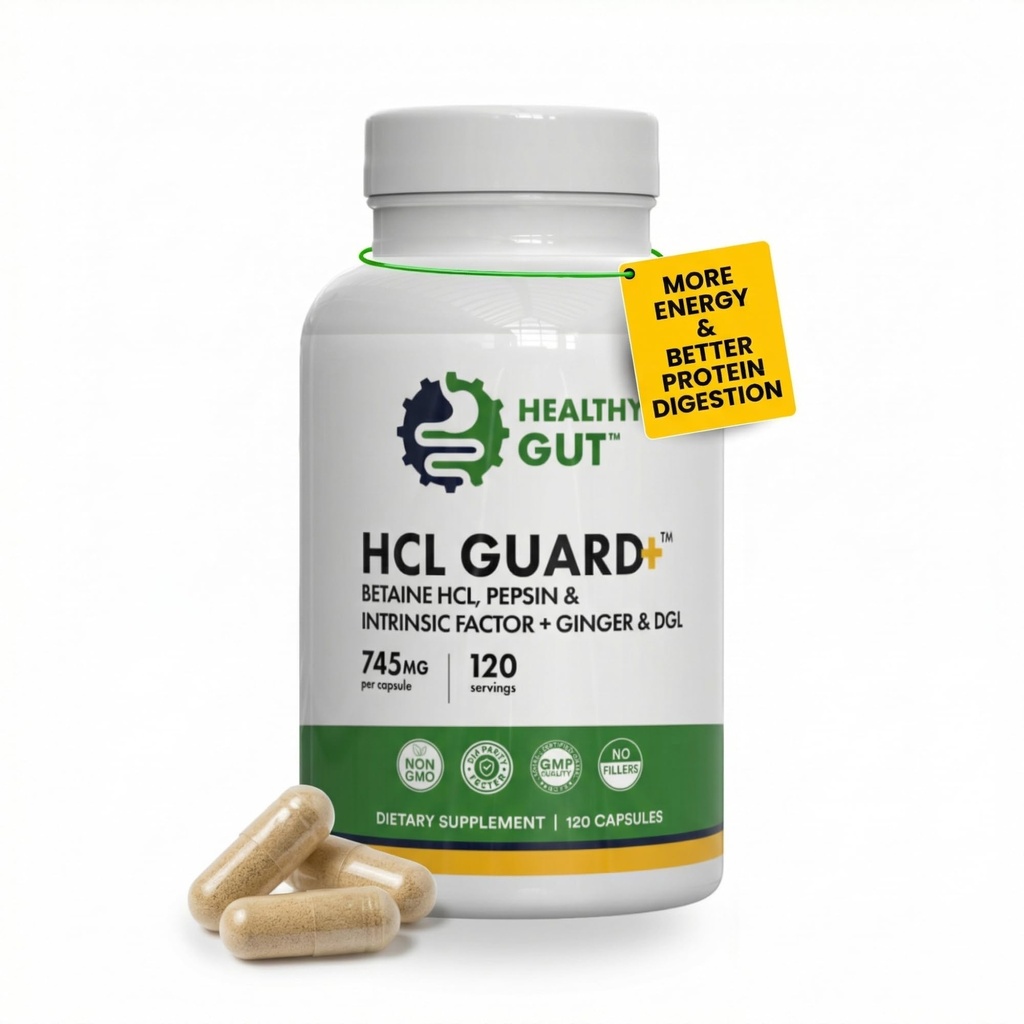 Sağlıklı Gut HCL Guard+ | Sağlıklı Digestive Function | Betaine,, Organik Ginger Root, DGL ve Pepsin | 60 Hizmetler