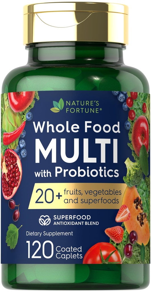 Nature's Fortune Whole Food Multivitamin with Probiyotiks | 120 kaplama Caplets | Made with 20 Fruits and Sebzes | Non-GMO & Gluten Free Supplement Supplement Supplement