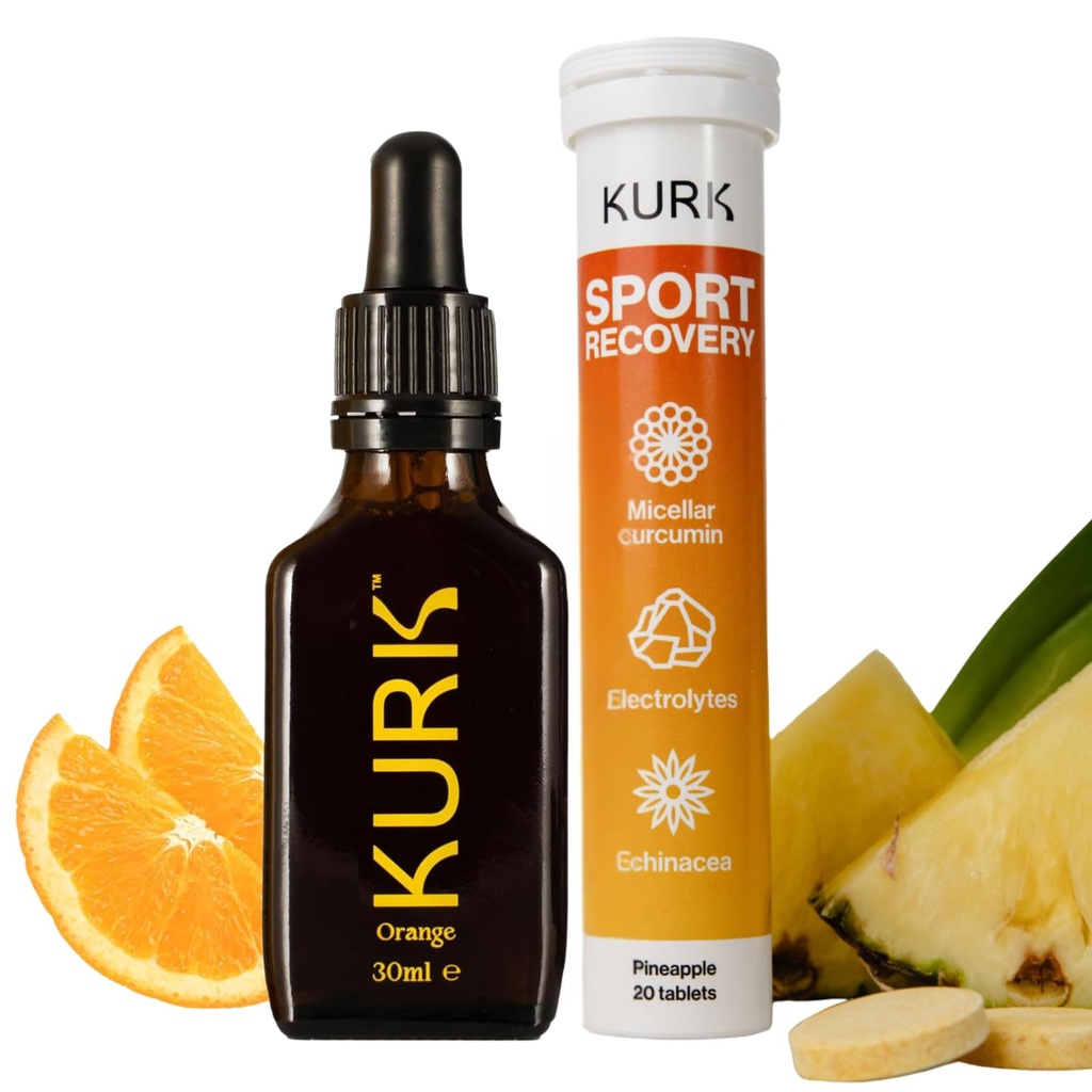 Kurk High Strength Liquid Curcumin Oil from Turmeric (Orange 1 Fl Oz) Sport Electrolyte Tablets (Pineapple 20 Effervescent Tabs) Bundle