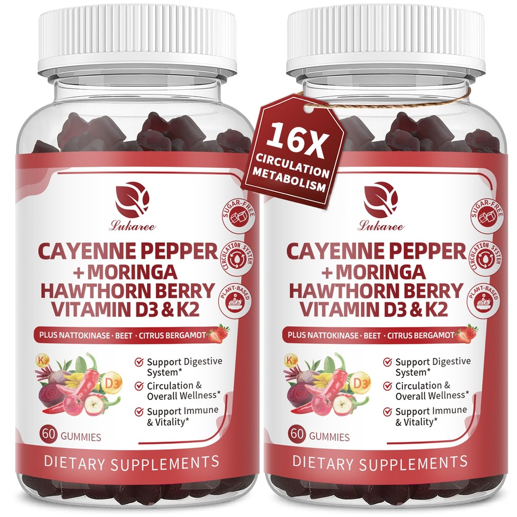 (2 Pack)16 in 1 Cayenne Pepper Gummies- Sugar-Free Capsaicin Supplements Complex w/Moringa, Hawthorn, Beet Root - Plus Wormwood, Citrus Bergamot Support Circulation* & Overall Wellness* - 60 CT