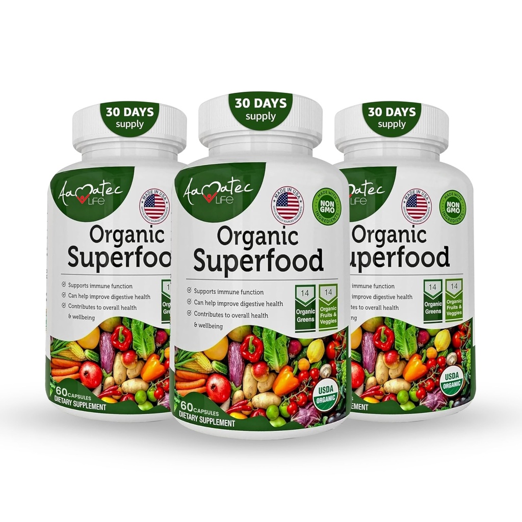 Organic Superfood Greens Fruits and Veggies Complex - Best Dietary Supplement with 14 Greens &14 Fruits & Vegetables with Alfalfa Rich in Antioxidants Organic Ingredients Non-GMO (180 Count Pack of 3)
