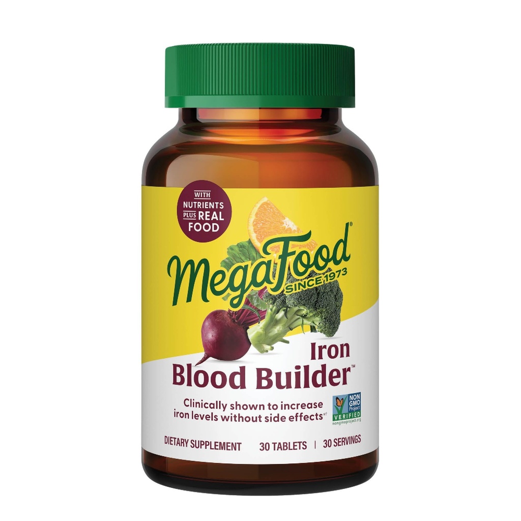 MegaFood Blood Builder Iron Supplement for Women & Men - Increase Iron Levels Without Side Effects - Combats Fatigue - with Vitamin B12, Folic Acid & Vitamin C for Absorption - Vegan - 30 Tablets