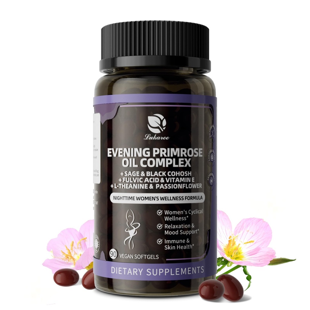 Lukaree Evening Primrose Oil Complex for Women – Hormone Wellness with Cold-Pressed EPO, 10% GLA, Sage, Fulvic Acid, L-Theanine – Supports Cyclical Balance, Mood, Skin & Immune Health, 90 Softgels