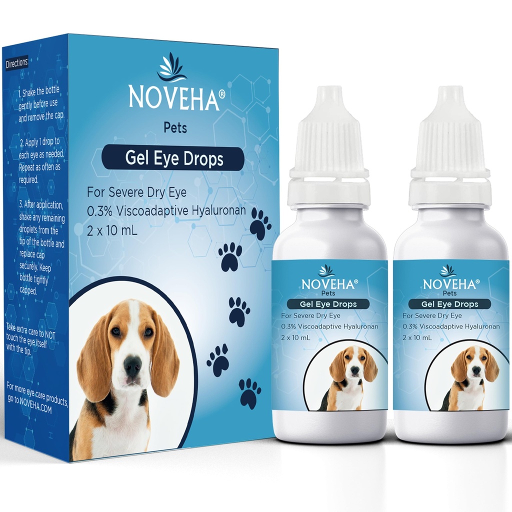 NOVEHA Pet Gel Eye, Köpekler ve Kediler için% 0.3 Viscoaible Hyaluronan | Eye Solution for Severe Kuru Eyes - Long Lasting Hydration, Reduces Nuisance, Swelling & Kuruness - Eye Lube for Dogs and Cats (2x10mL)