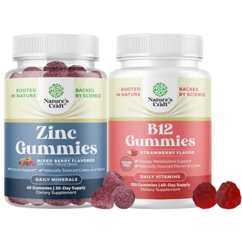 Bundle of Extra Strength Zinc Gummies for Adults - Chewable Zinc Supplements for Energy & Immune Support and Vitamin B12 Gummies - Sugar Free Vitamin B12 1000 mcg Chewable for Energy & Mood Support