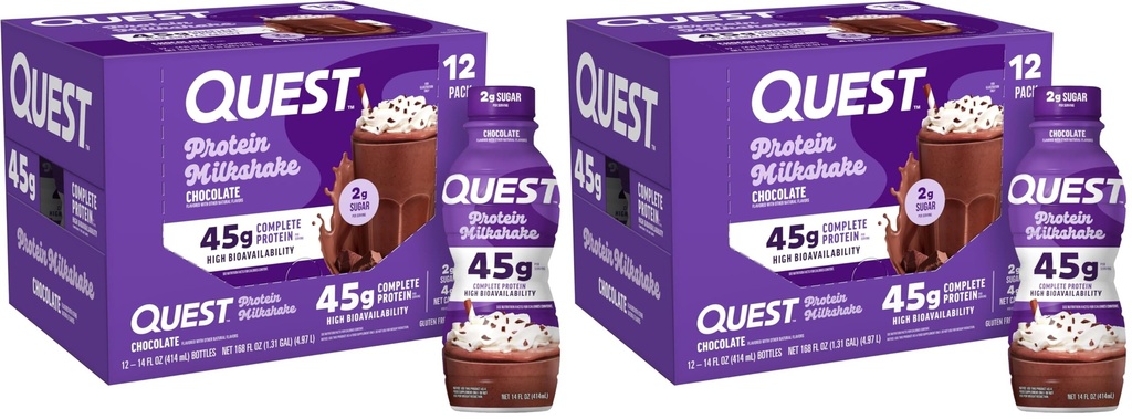 Quest Nutrition Chocolate Protein Shake,45g Protein,2g Sugar,4g Net Carbs,Ready to Drink,Gluten Free,(Pack of 24)