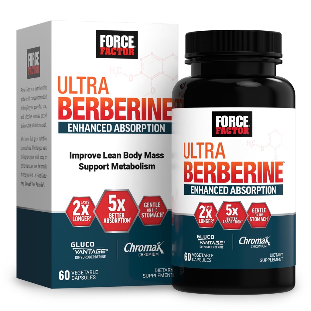 Force Factor Ultra Berberine, 60 Vegetable Capsules | Enhanced Absorption, With Ceylon Cinnamon, Dihydroberberine & Chromium, 5X Absorption, 2X Longer Lasting