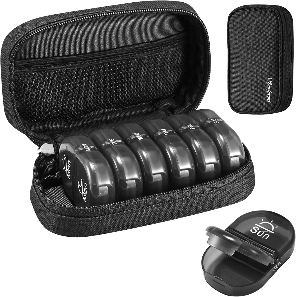 Serfeymi Weekly Travel Pill Organizer 2 Times A Day AM PM Yükseltd Black Pill Box 7 Day with Portatif Hologram Kanları, Vitaminler, Tamamlar, Fish Oils - Black 01
