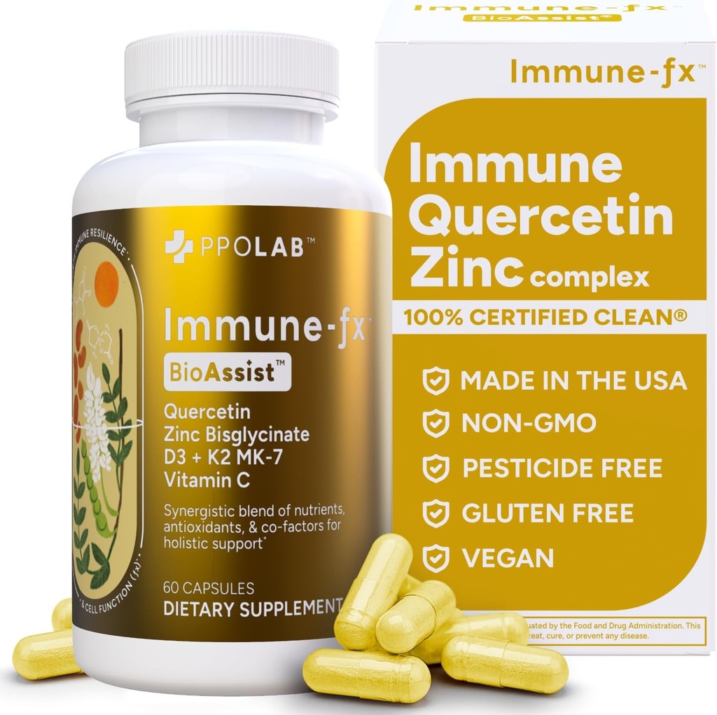 Immune-fx™ Advanced Chelated Zinc Ionophore Immune Support & Allergy Health Supplement, Quercetin 500mg, Antioxidant Vitamin C, D3, K2 MK7, Promotes DNA, Heart, Lung, Sinus Health, 60 Vegan Capsules