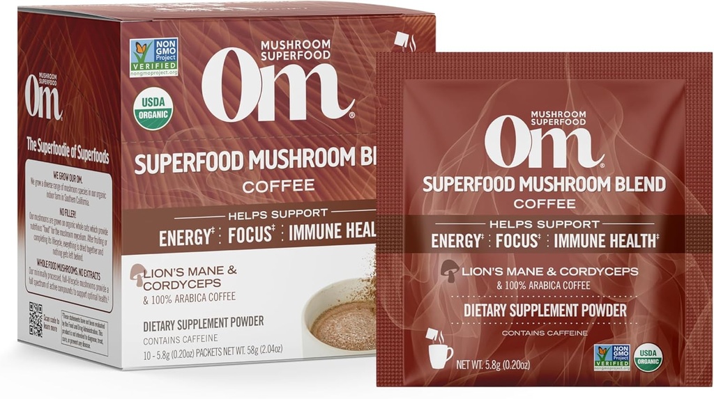 OM MUSHROOM SFOOD Kahvesi - Lion's Mane, Cordyceps, Reishi, Türkiye Tail & Ginkgo Biloba – Enerjiyi Destekler, Focus & mental Clarity – Single Serve Pack (10 Count)